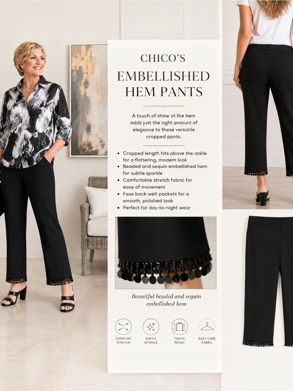 Chico's Black Cropped Pants with Beaded & Sequin Hem